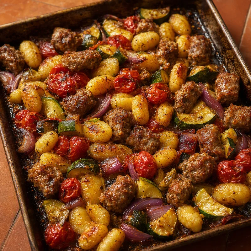 Sheet-Pan Italian Sausage with Crispy Gnocchi and Burst Tomatoes
