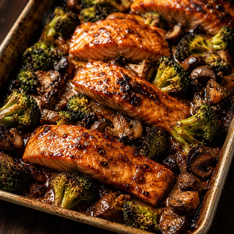 Sheet-Pan Miso-Butter Salmon with Broccoli and Mushrooms