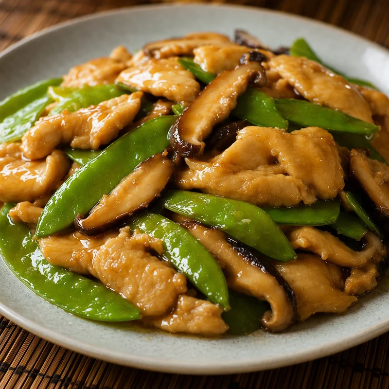 Silky Velvet Chicken with Snow Peas and Shiitakes