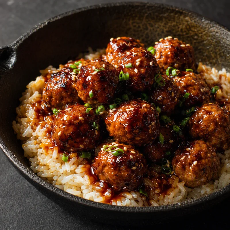 Sticky Teriyaki Chicken Meatballs with Rice