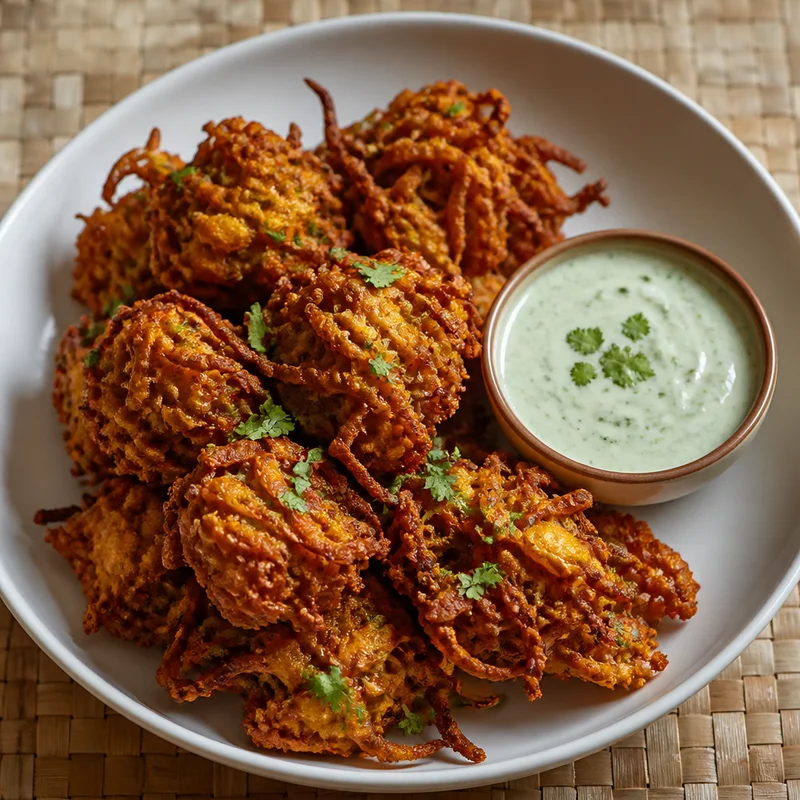 Crispy Onion Bhajis with Lemony Cilantro Yogurt