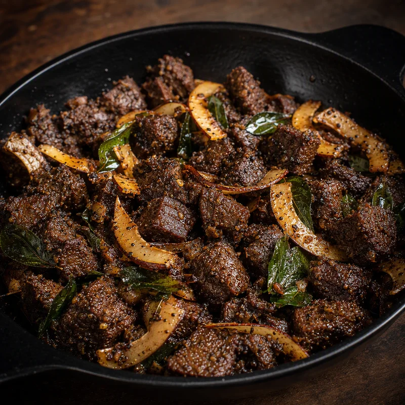 Kerala Pepper Beef Fry with Coconut Slivers and Curry Leaves