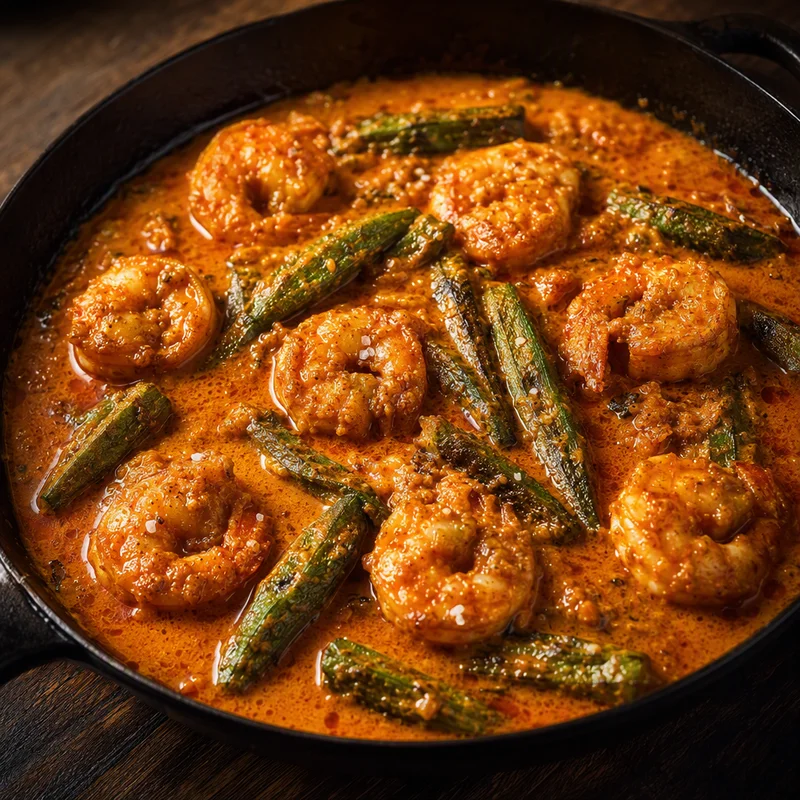 Goan Tamarind Shrimp Curry with Blistered Okra