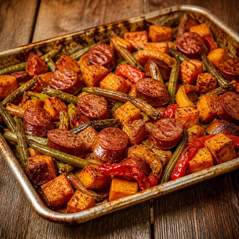 Sheet-Pan Smoky Sausage with Sweet Potatoes and Green Beans