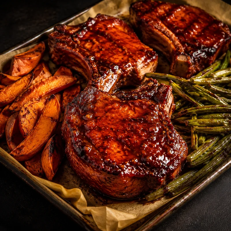 Sheet-Pan Brown Sugar BBQ Pork Chops with Sweet Potatoes