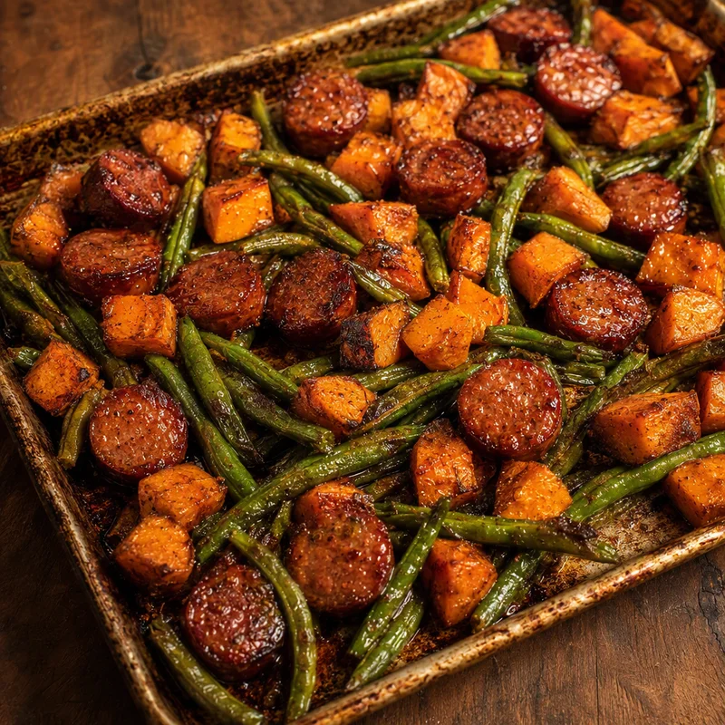 Sheet-Pan Hot Honey Sausage with Sweet Potatoes and Green Beans