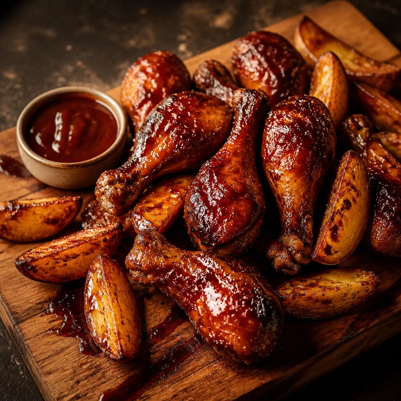 Sticky Honey BBQ Drumsticks with Crispy Potato Wedges