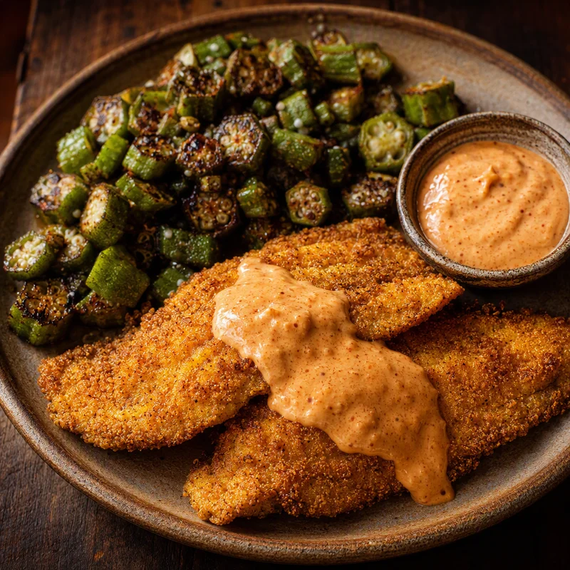 Crispy Catfish with Comeback Sauce and Blistered Okra