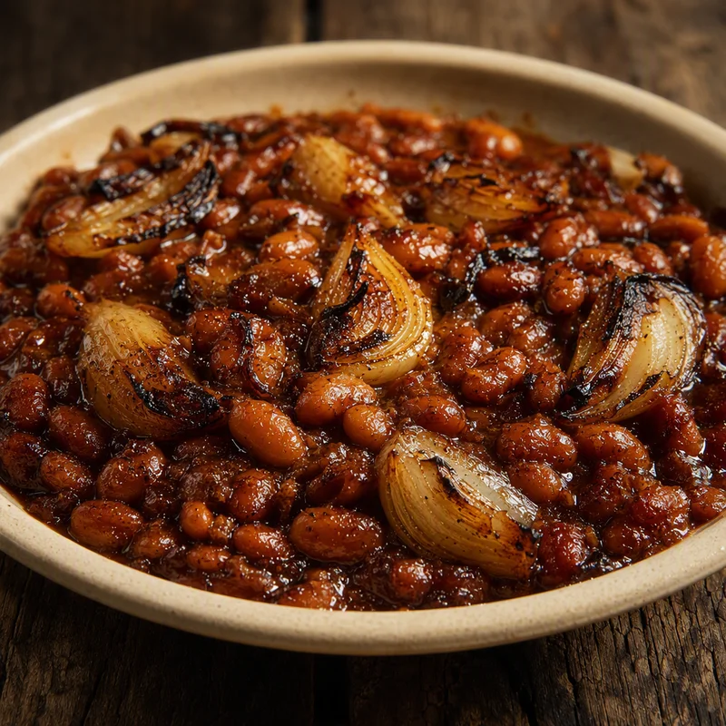 Smoky Molasses Baked Beans with Charred Onion
