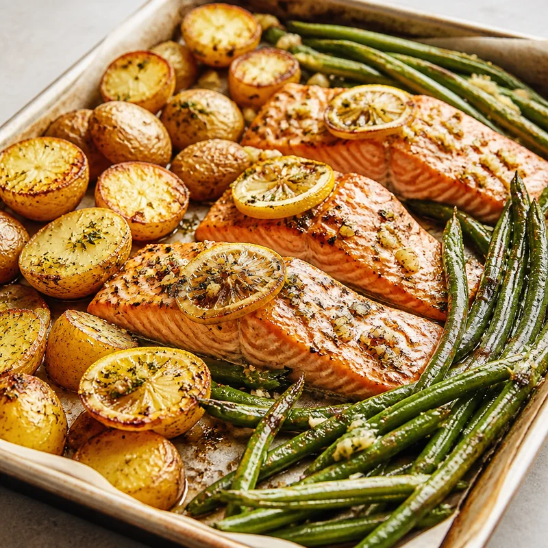 Sheet-Pan Lemon-Garlic Salmon with Crispy Potatoes and Green Beans