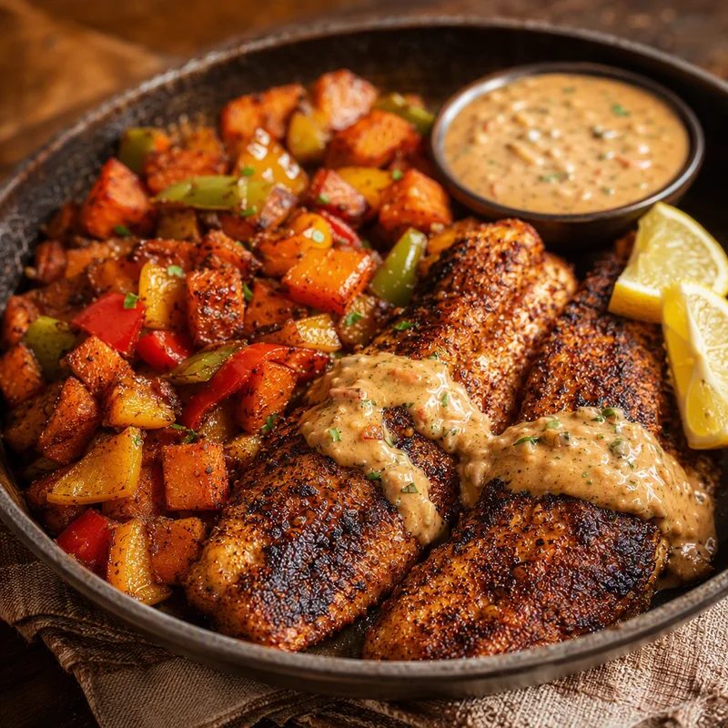 Blackened Catfish with Sweet Potato Hash and Cajun Remoulade