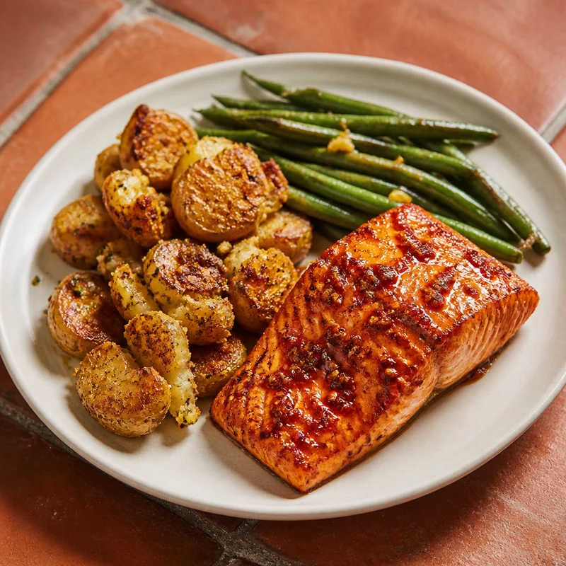 Sheet-Pan Honey-Harissa Salmon with Crushed Potatoes and Green Beans