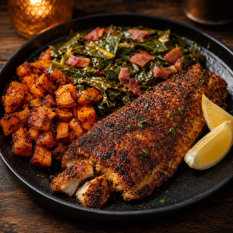 Cast-Iron Blackened Catfish with Bacon Collards