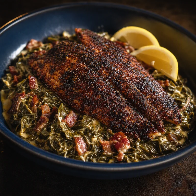 Blackened Catfish over Creamy Bacon Collards