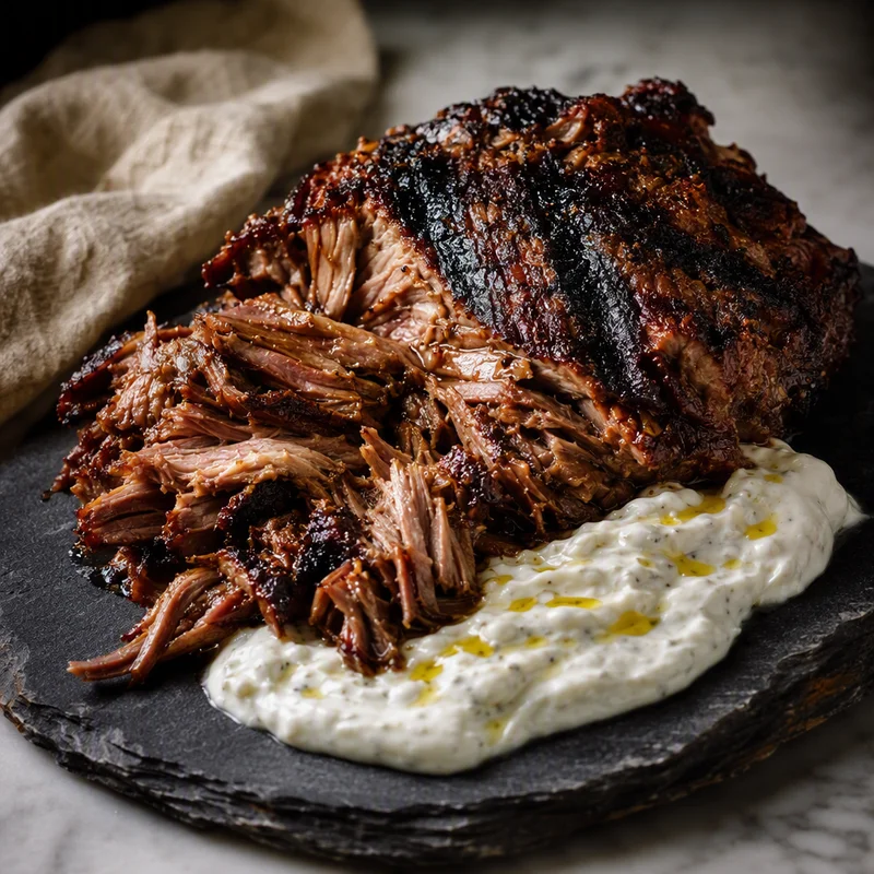 Cherry-Smoked Pulled Lamb Shoulder with Lemon-Garlic Yogurt