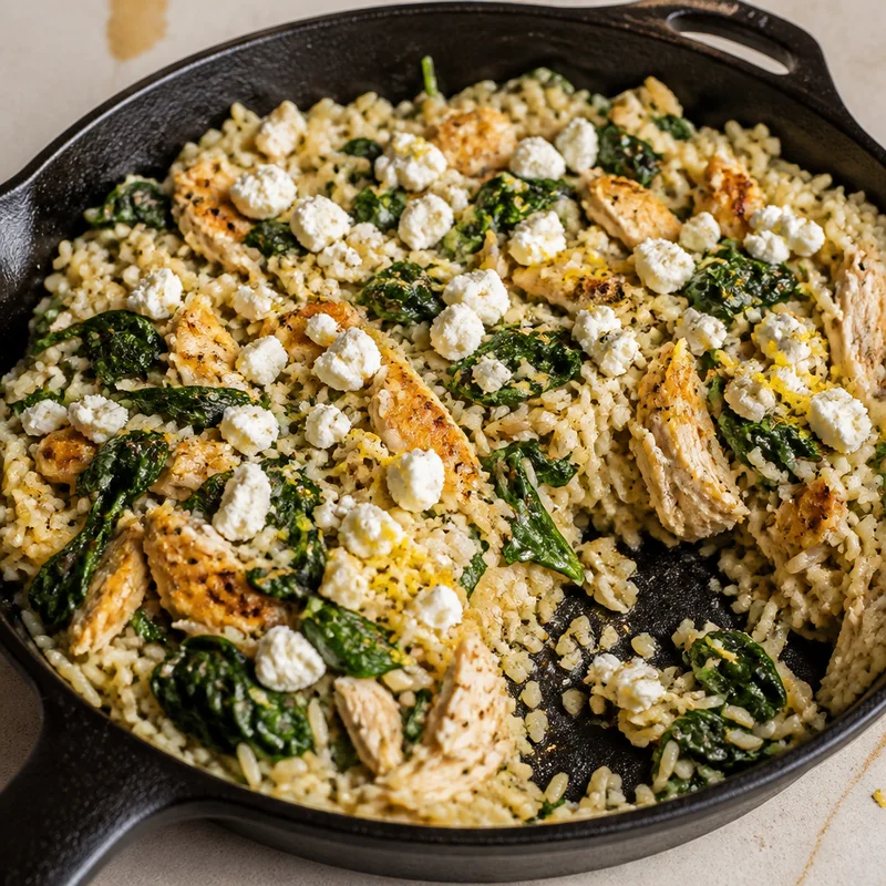 Lemony Chicken & Rice Skillet with Spinach and Feta