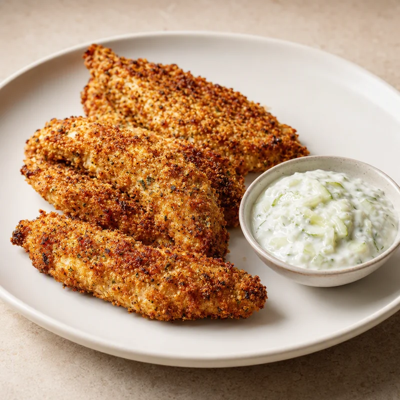 Crispy Baked Chicken Tenders with Cool Cucumber Dip