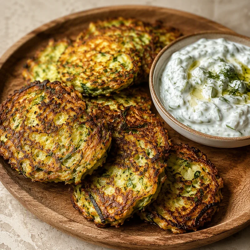 Crispy Zucchini-Herb Fritters with Cool Cucumber Tzatziki