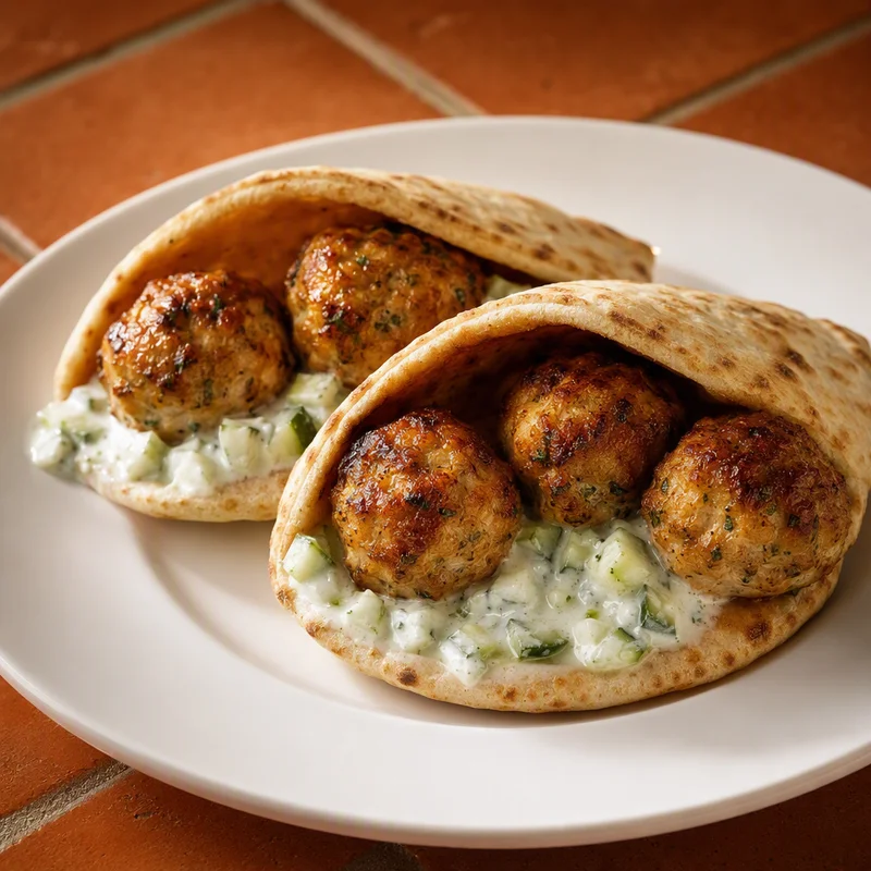 Baked Greek Chicken Meatball Pitas with Cool Cucumber Yogurt