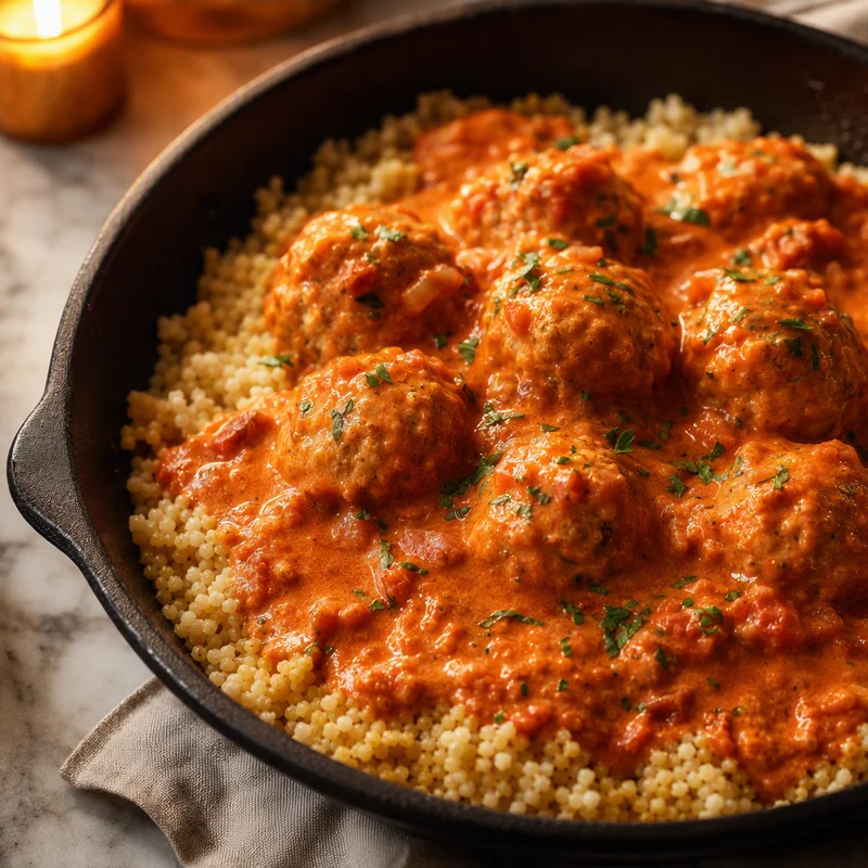 Creamy Tomato Chicken Meatballs with Fluffy Couscous