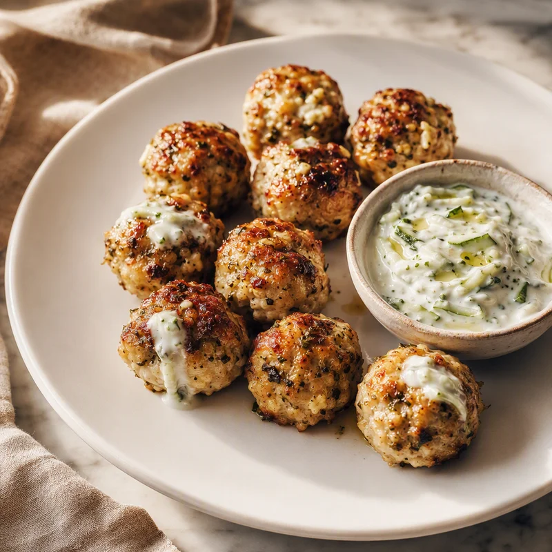 Baked Greek Chicken Meatballs with Creamy Cucumber Dip