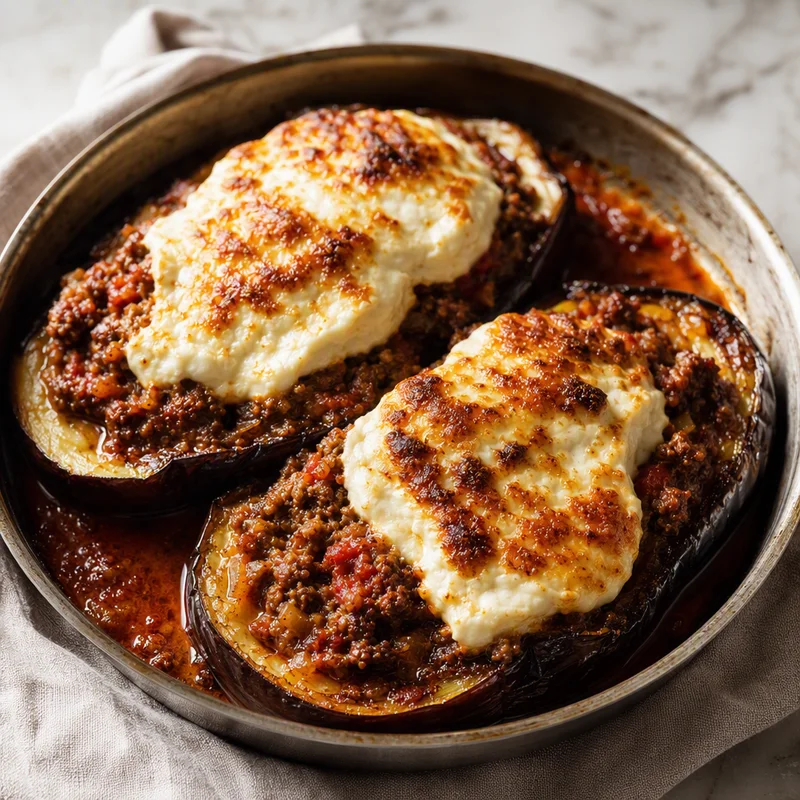 Greek Stuffed Eggplant with Spiced Beef and Whipped Feta