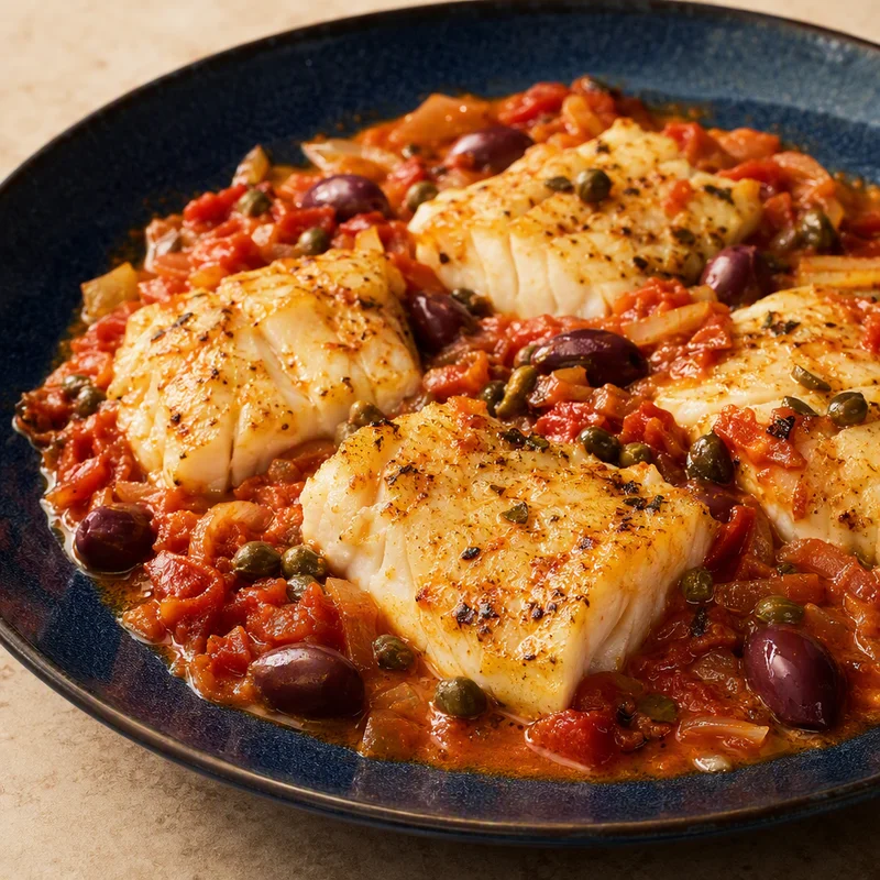 Baked Cod with Tomatoes, Olives and Capers