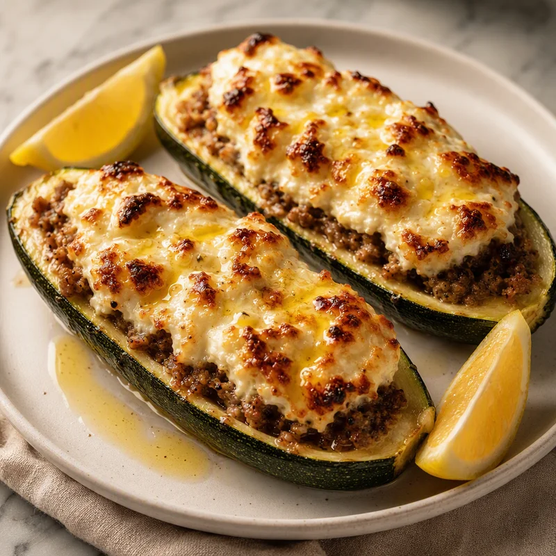 Greek Lamb-Stuffed Zucchini Boats with Whipped Feta