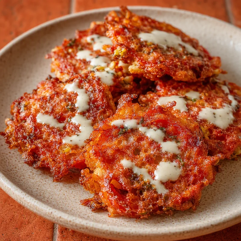 Crispy Tomato-Mint Fritters with Lemon-Tahini Drizzle