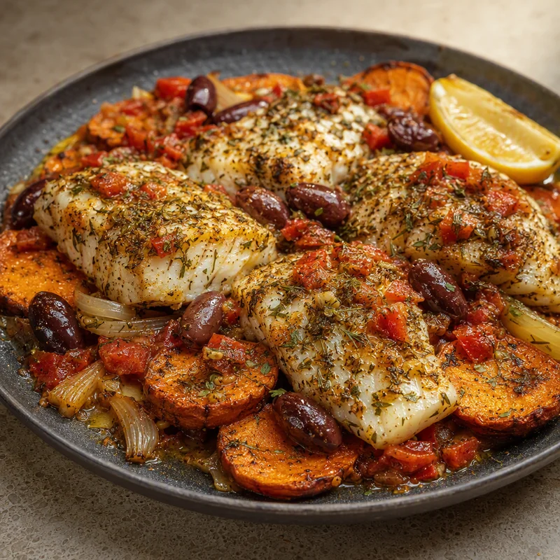 Herb-Baked Cod with Tomatoes, Olives and Sweet Potatoes