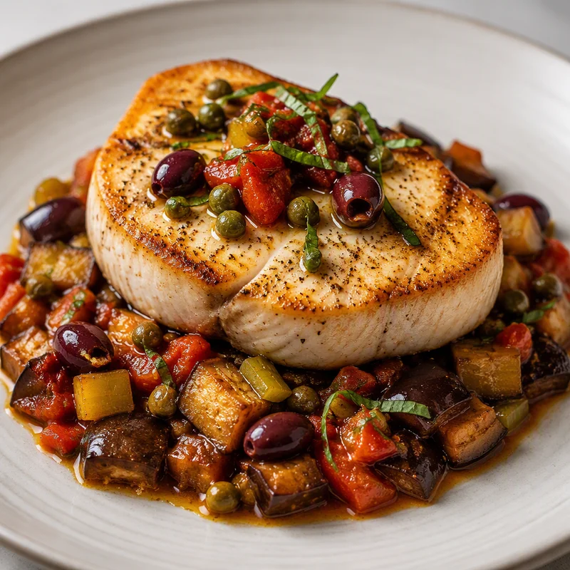 Sicilian Swordfish with Sweet-and-Sour Eggplant Caponata