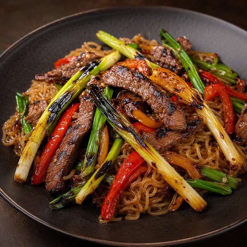 Charred Scallion Beef with Shirataki Noodles