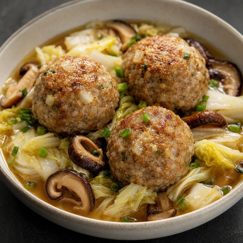 Giant Pork and Water Chestnut Meatballs in Napa Cabbage Broth