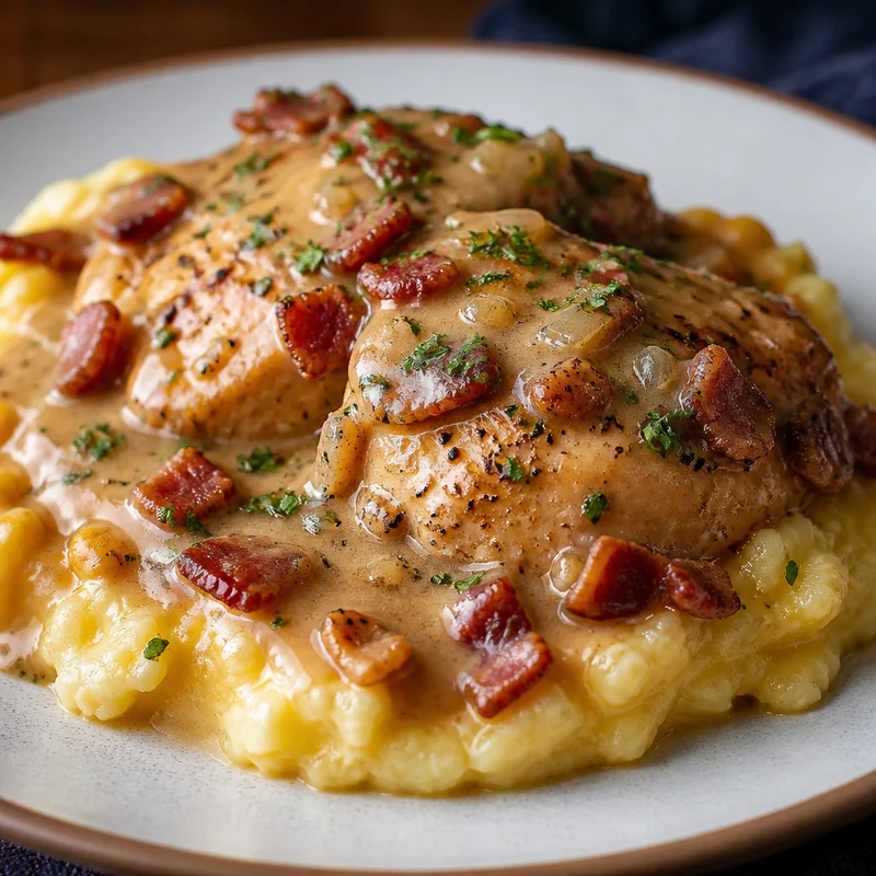 Smothered Chicken Thighs with Bacon Gravy and Cheddar Cauliflower Mash