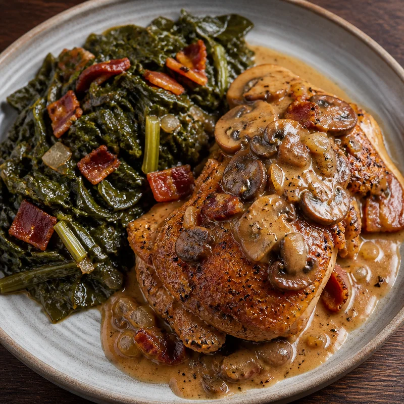 Smothered Bacon-Mushroom Chicken Thighs with Skillet Collards
