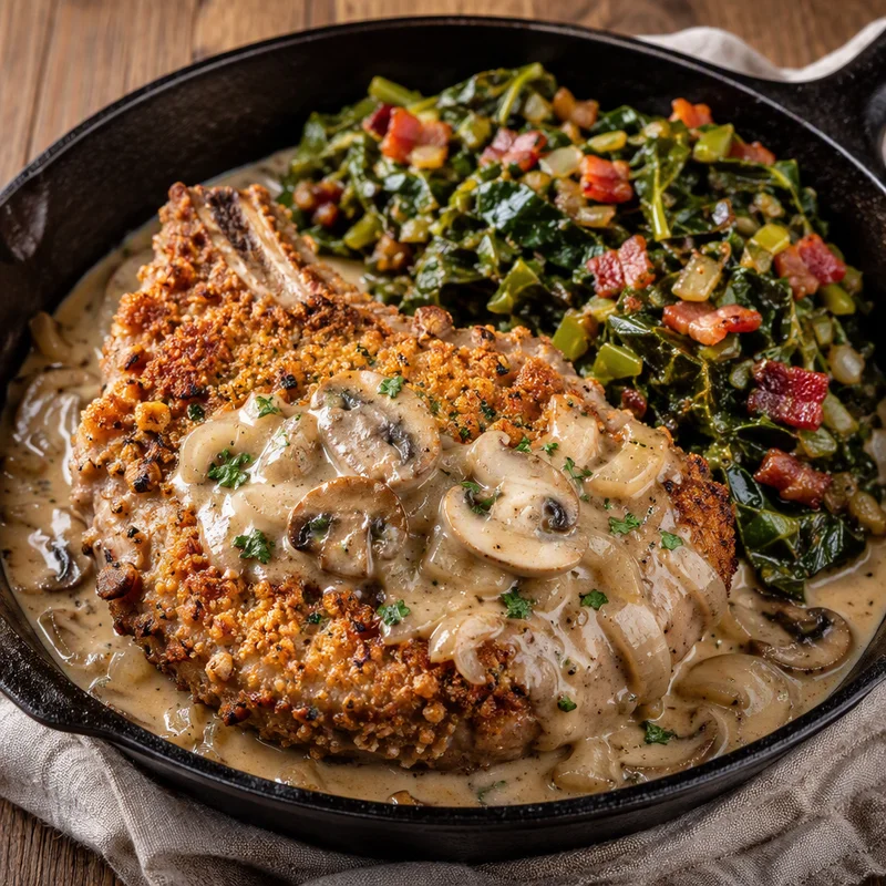 Cast-Iron Smothered Pork Chops with Bacon Collards