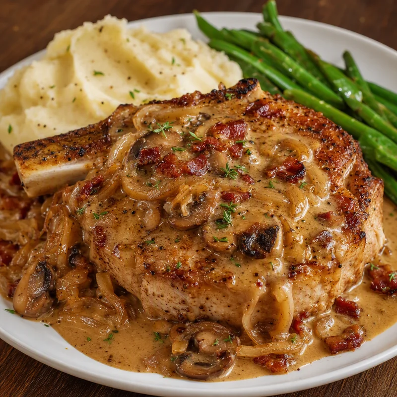 Smothered Pork Chops with Bacon-Onion Cream Gravy