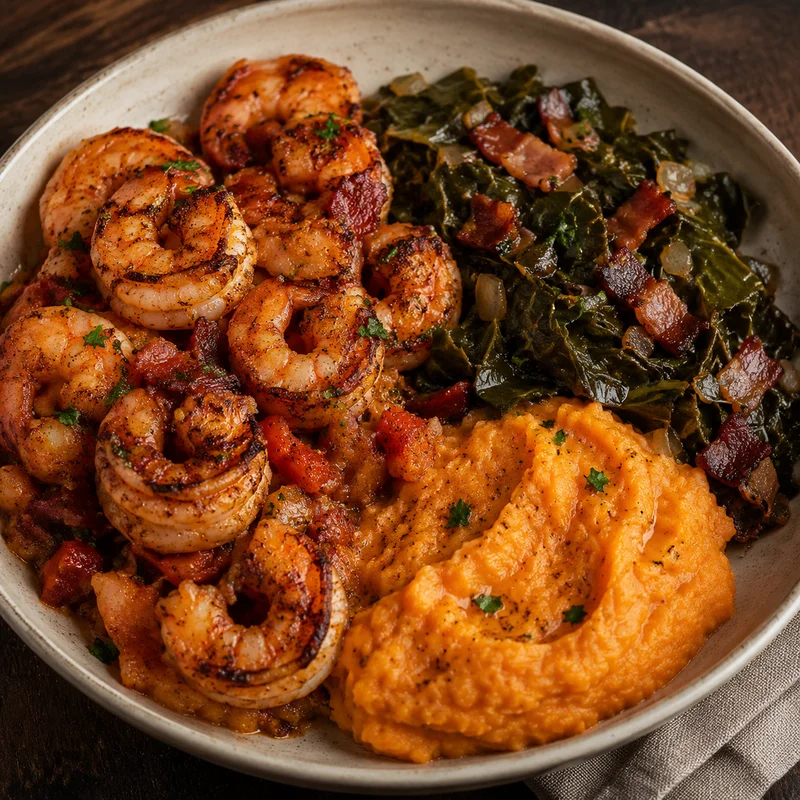 Low-Country Skillet Shrimp with Bacon Collards and Sweet Potato Mash