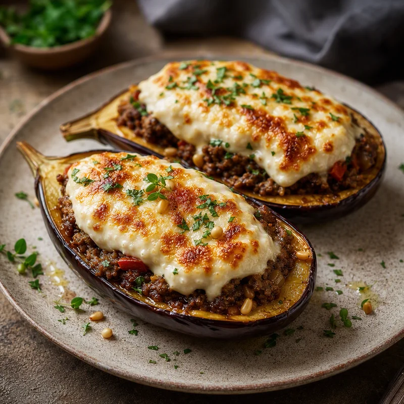 Stuffed Eggplant Boats with Lamb and Whipped Feta Béchamel