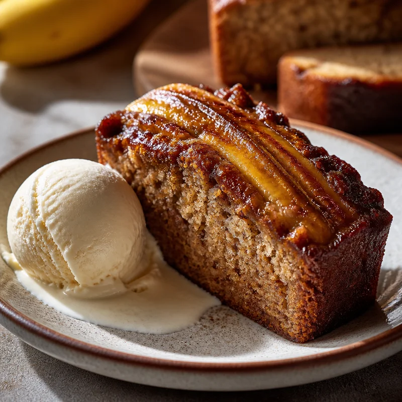 Brown Butter Banana Bread with a Caramelized Banana Top