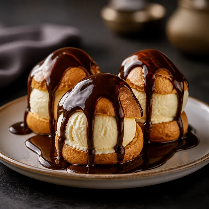 Classic Profiteroles with Vanilla Ice Cream and Warm Chocolate Sauce