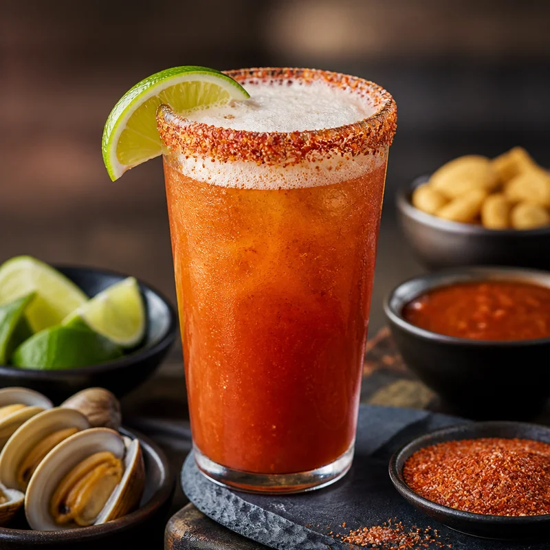 Michelada with House Tomato-Clam Mix and Chile-Lime Salt Rim
