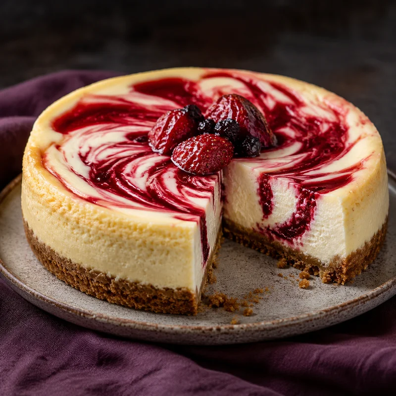Strawberry Swirl Cheesecake with a Roasted Berry Ribbon