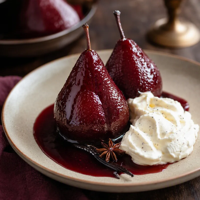 Red Wine Poached Pears with Vanilla Mascarpone Cream