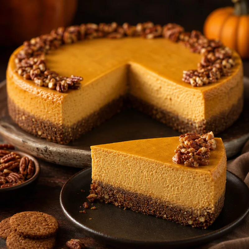 Silky Pumpkin Cheesecake with Gingersnap-Pecan Crust