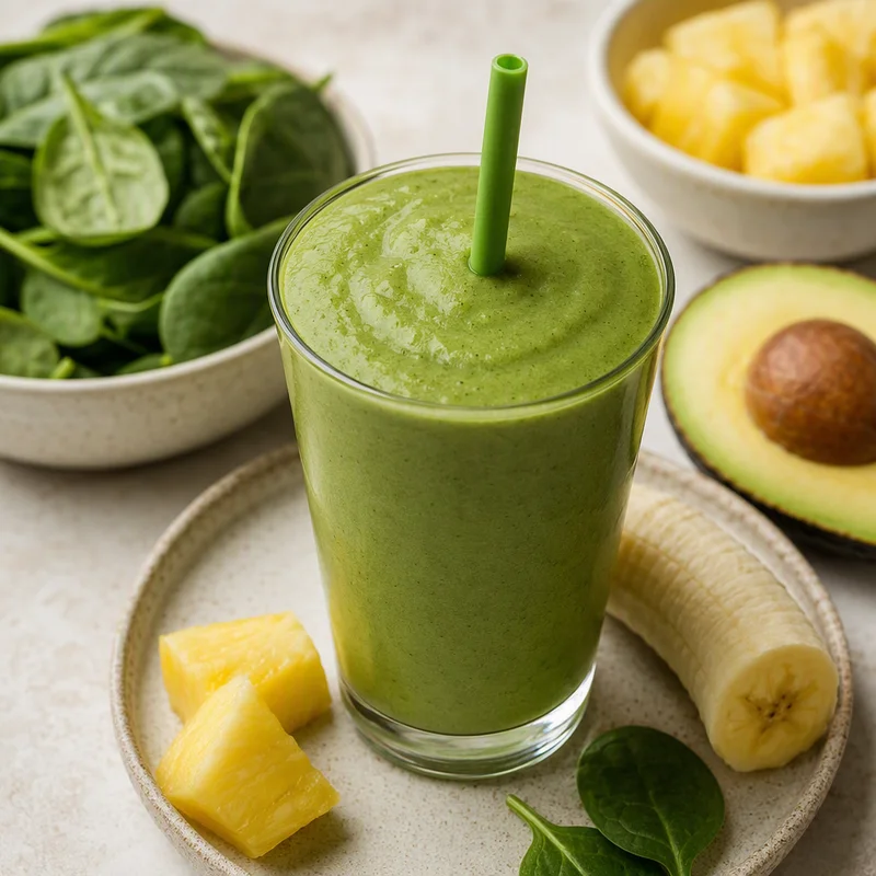 Thick Green Breakfast Smoothie with Frozen Banana and Pineapple
