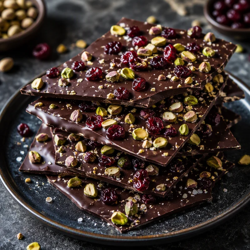 Snap-Tempered Dark Chocolate Bark with Pistachios, Sour Cherries & Sea Salt