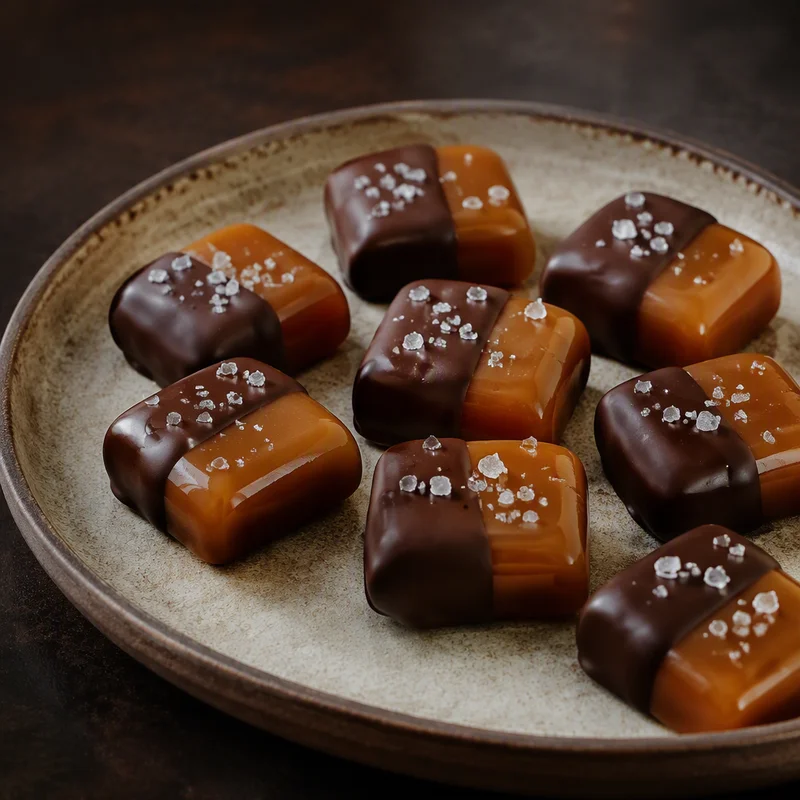 Brown Butter Salted Caramels, Half-Dipped in Dark Chocolate