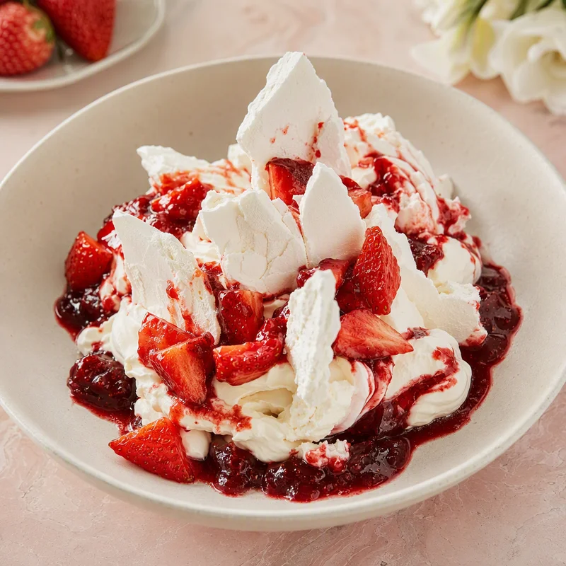 Eton Mess with Roasted Strawberry Ripple and Crisp Meringue Shards