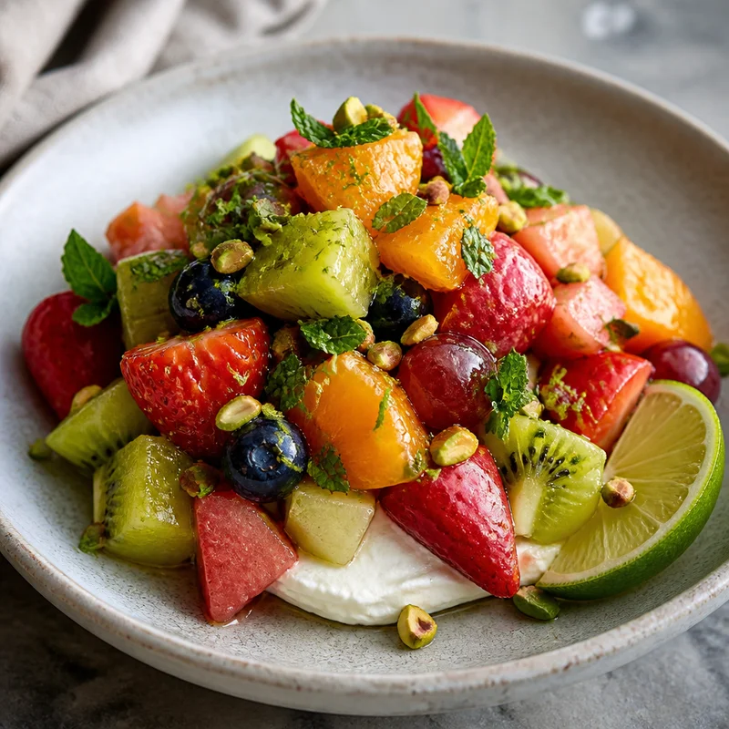 Honey-Mint Macerated Fruit Salad with Lime and Toasted Pistachios